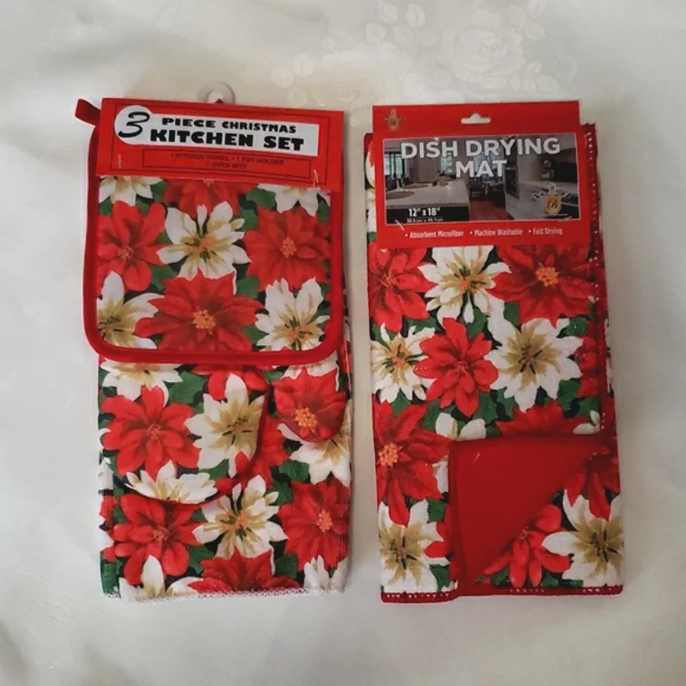 Drying Mat + Christmas 3 piece Kitchen Towels Set